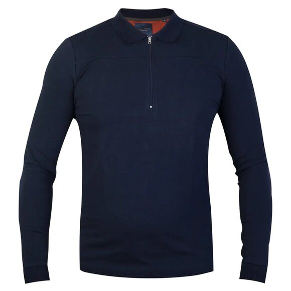Guide London Navy Solid Jersey Knit Front Zip Long Sleeve Polo